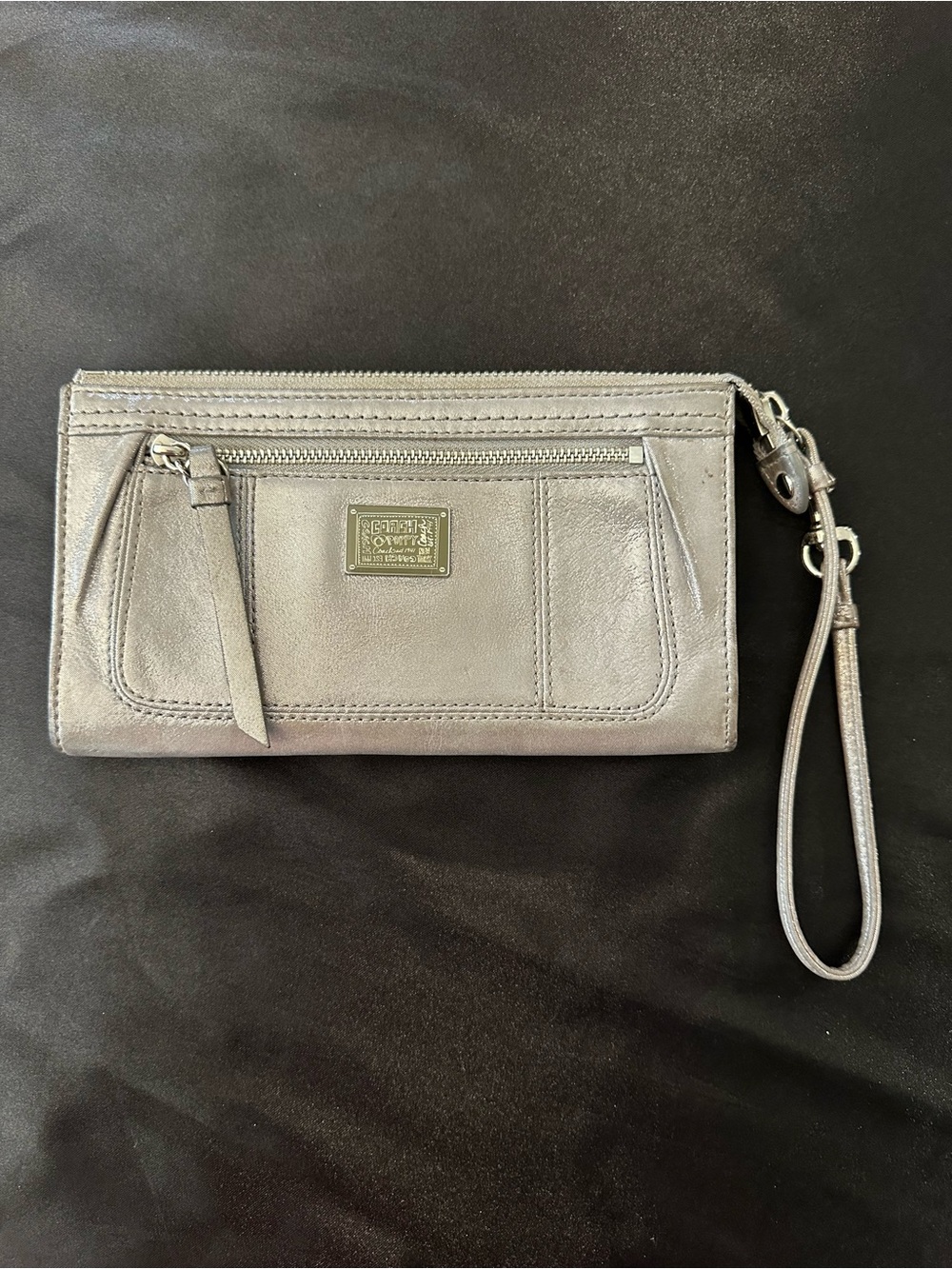Coach Poppy Silver Leather Wristlet Clutch with Front Zip Pocket